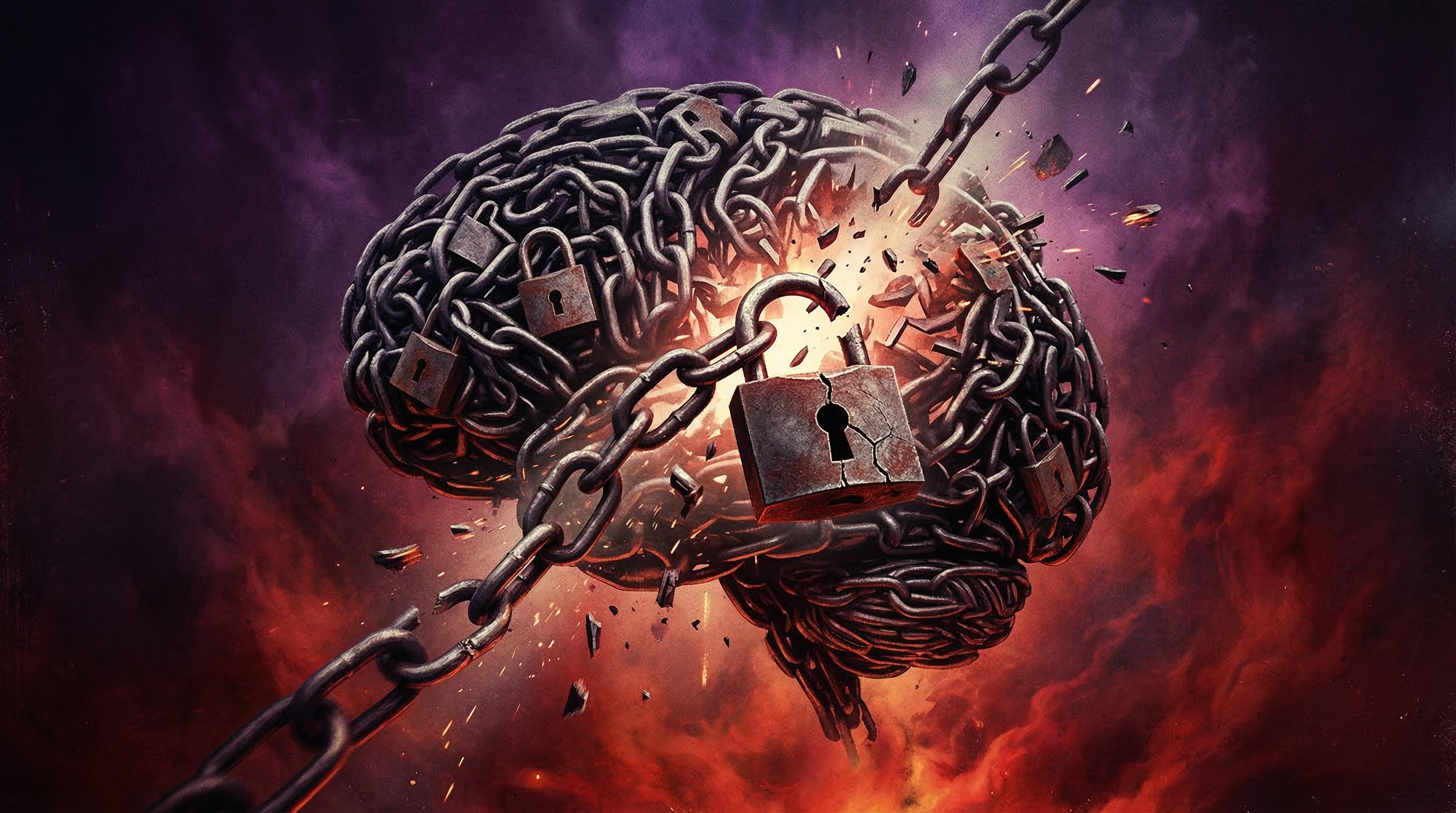 Representación artística del cerebro rompiendo cadenas de la adicción