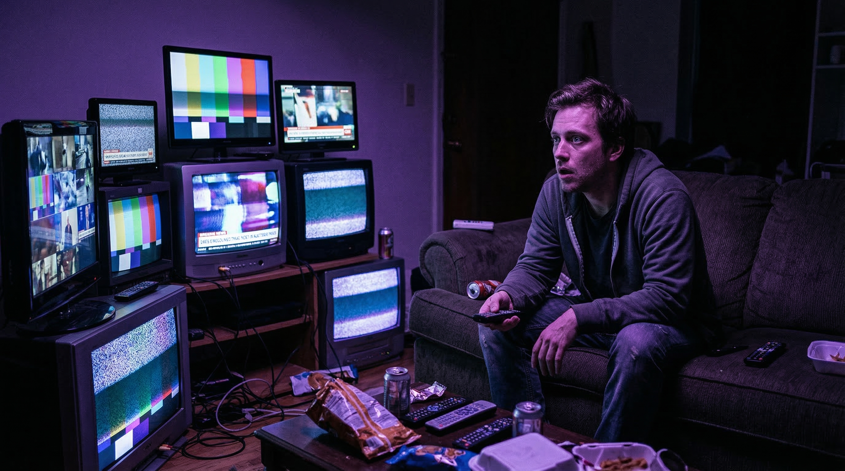 Persona rodeada de bolsas de compras en una escena oscura, representando la adicción al consumo