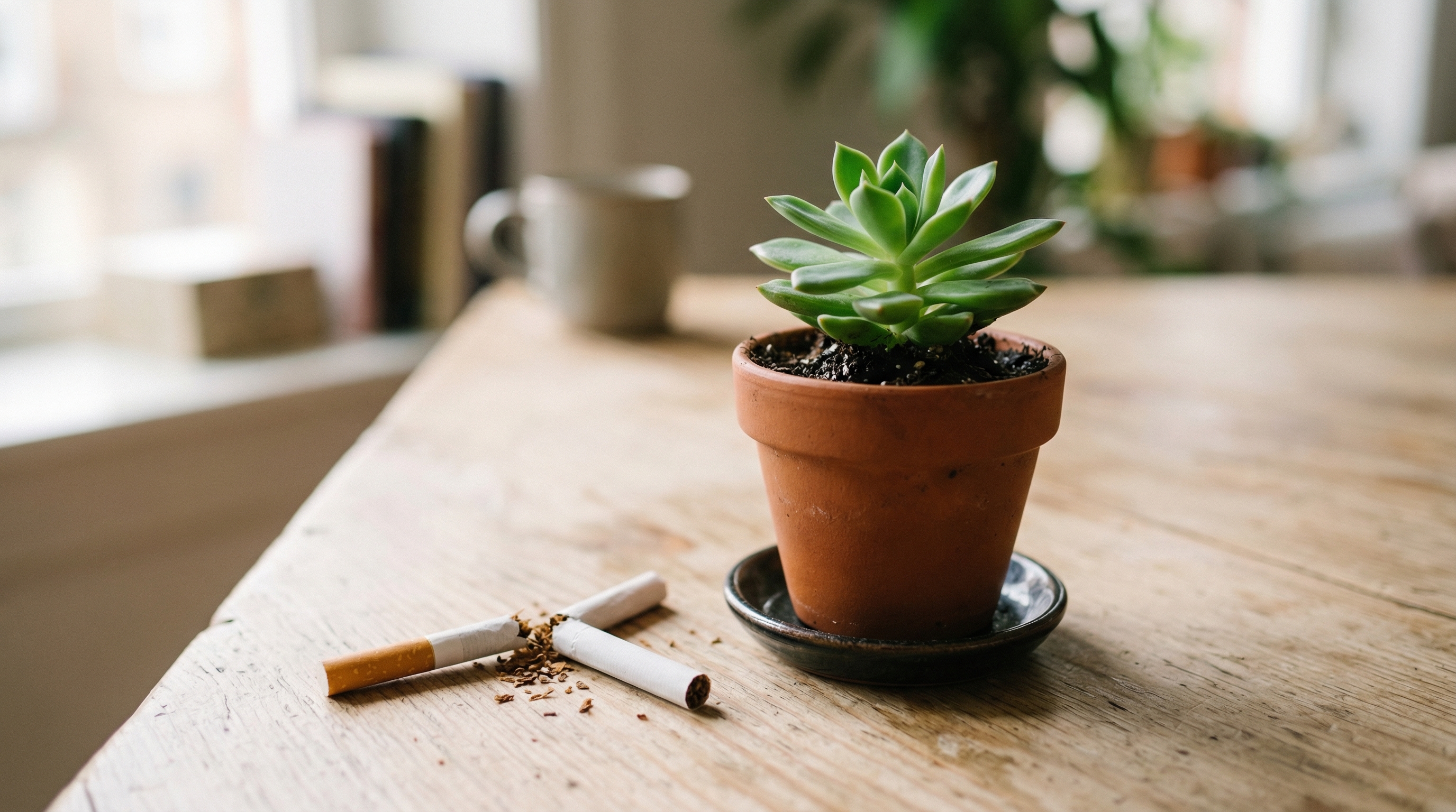 Cigarrillo roto sobre fondo oscuro con humo, simbolizando la decisión de dejar de fumar